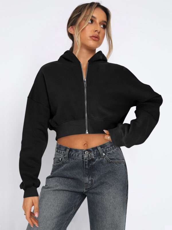 Women's Long Sleeve Cropped Full Zip Up Hoodie Sweatshirt – Fleece Jacket Crop Top - Image 3