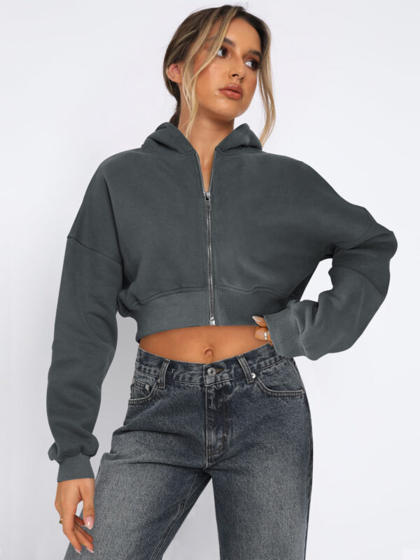 Women's Long Sleeve Cropped Full Zip Up Hoodie Sweatshirt – Fleece Jacket Crop Top - Image 2